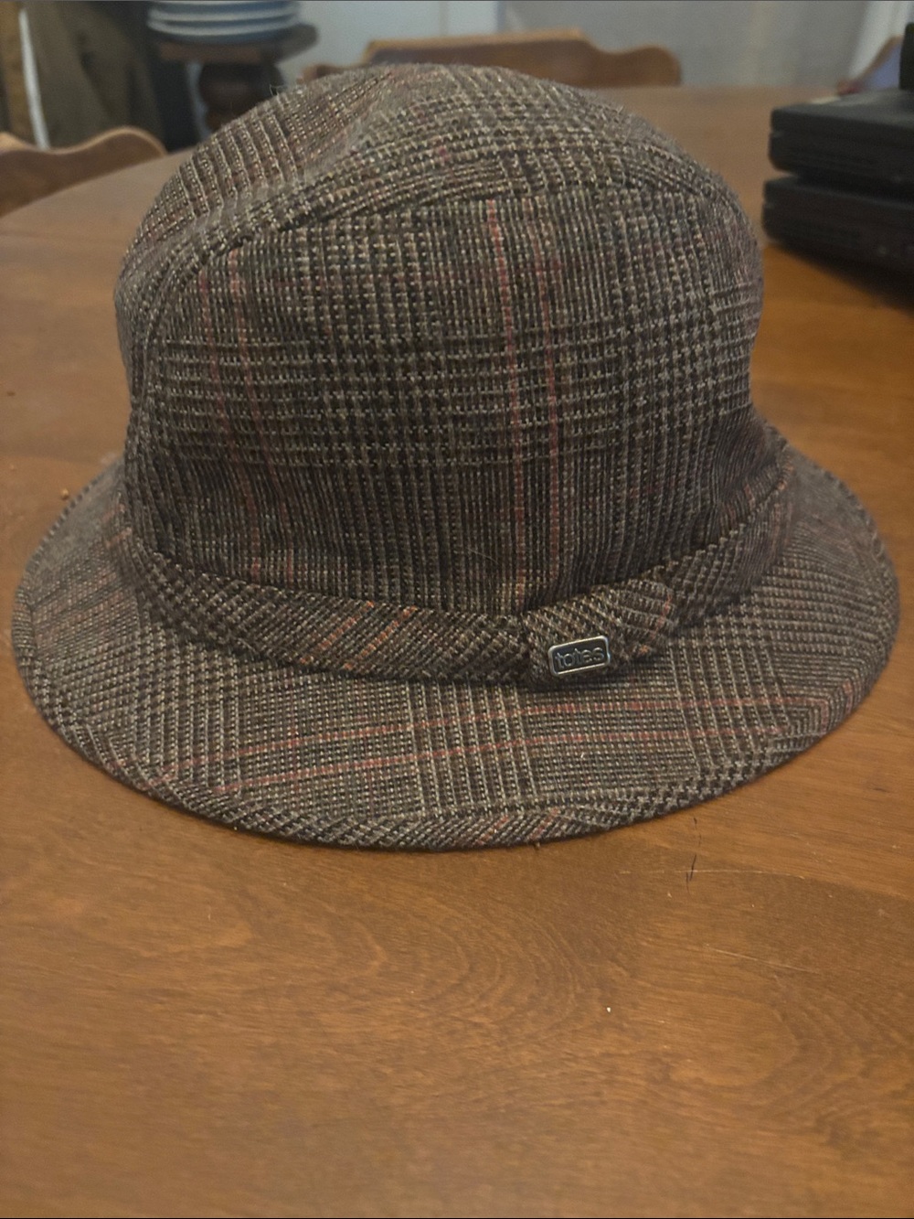 Vintage Totes "Rain Rolls Right Off" Brown Plaid Tweed Fedora Hat – Size XL
